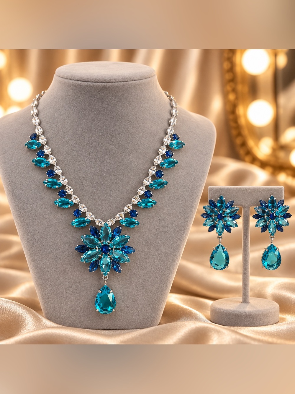 Hollywood Aqua Blue Glass Floral Necklace & Pierced Earrings Set